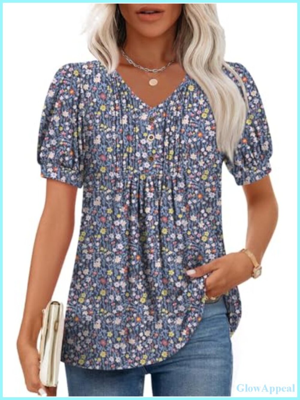 Tunic Blouses Short Sleeve Pleated V-Neck Puff Sleeve Button Stretchable Blouse